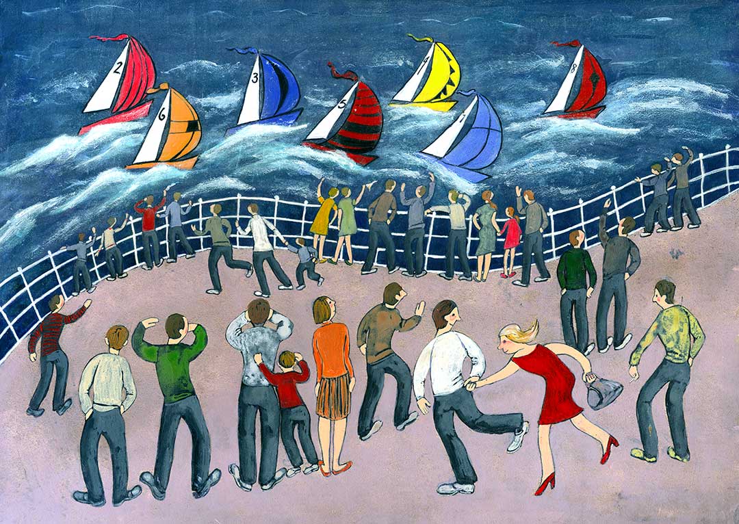 Nostalgic painting of a regatta or yacht race by the seaside by Welsh artist Muriel Williams in the style of Lowry