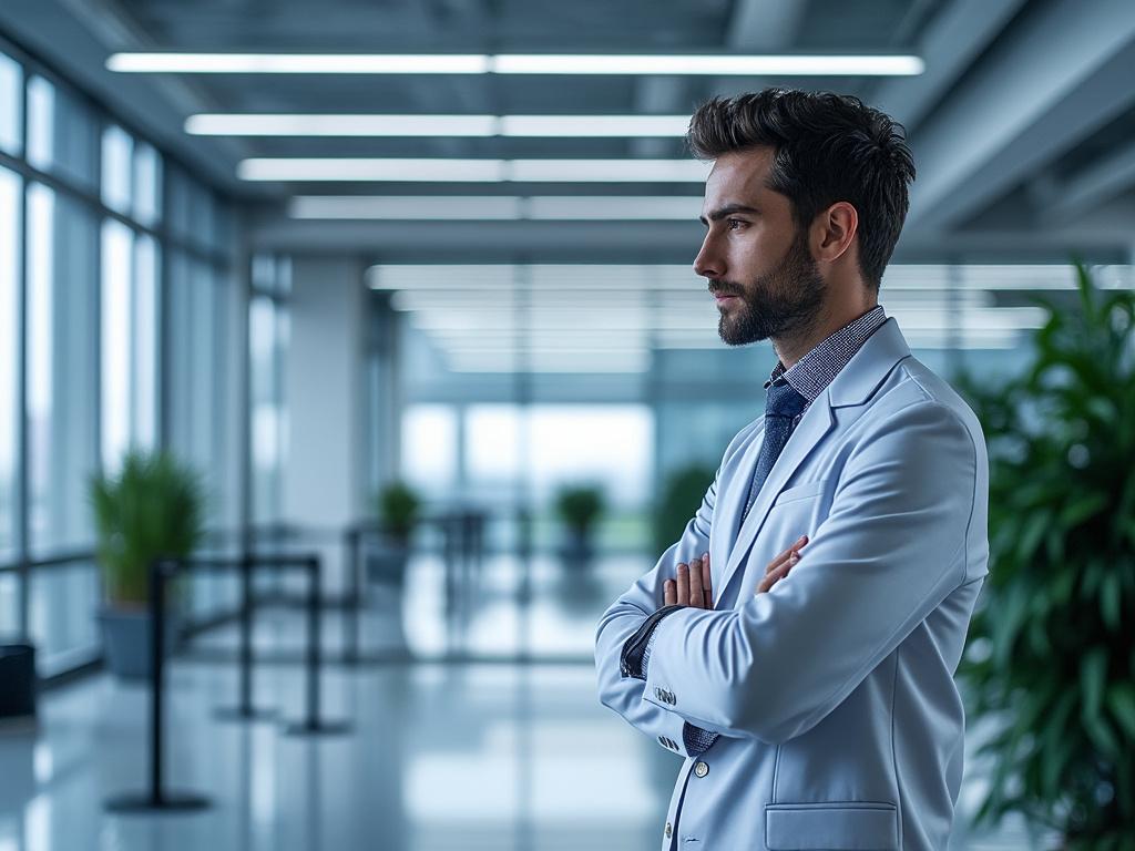 Bărbat tânăr în costum deschis, cu brațele încrucișate, într-un hol modern cu ferestre mari și plante verzi.