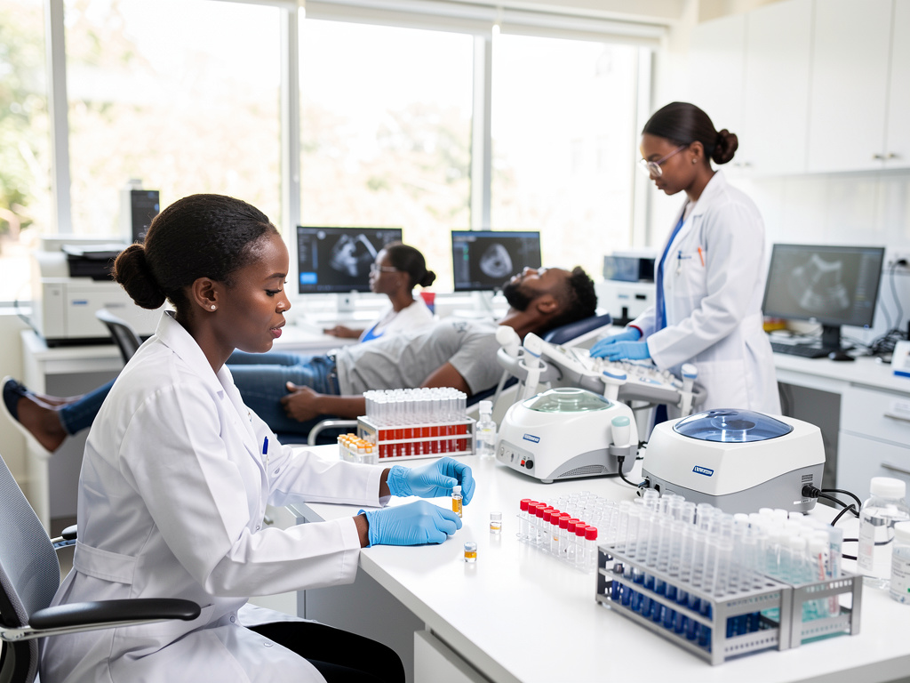 Medical laboratory team conducting blood tests and ultrasound exam in a modern clinic
Medical laboratory team conducting blood tests and ultrasound exam in a modern clinic