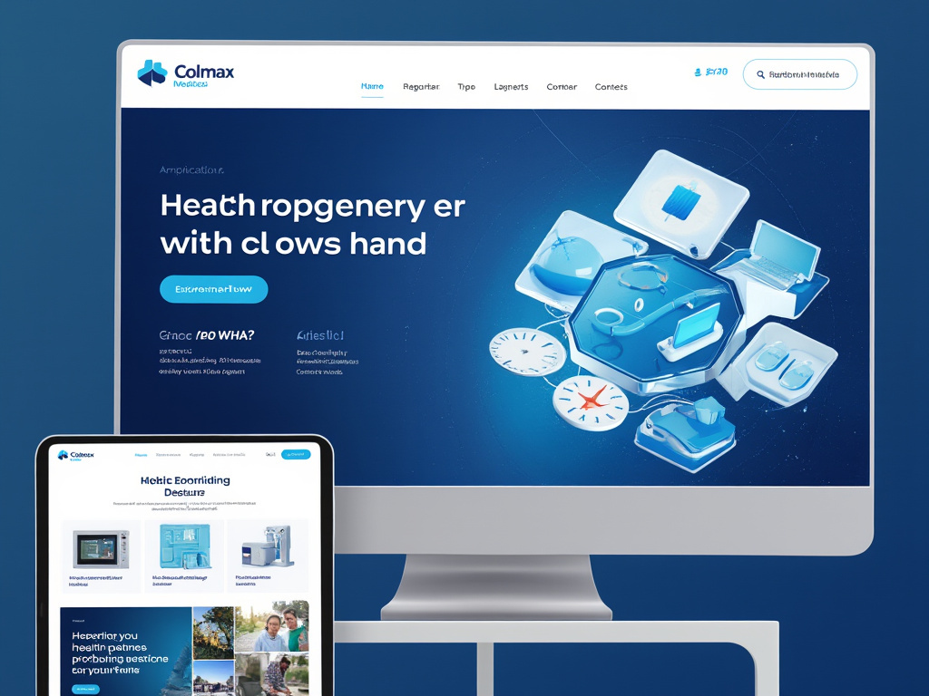 Healthcare website mockup showing desktop and tablet views with medical equipment graphics and text in blue and white theme.
