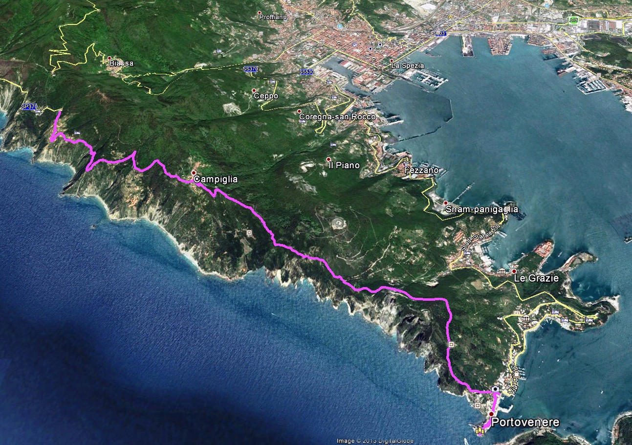 GPS-Daten Aufzeichnung Wanderroute von Monte Fraschi nach Portovenere