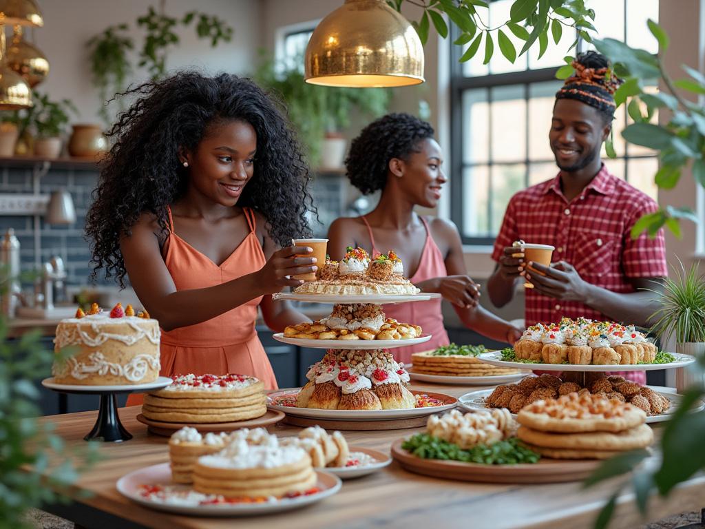 Three friends enjoying a variety of desserts at a stylish, contemporary kitchen table with cakes, pastries, and plants surrounding them.