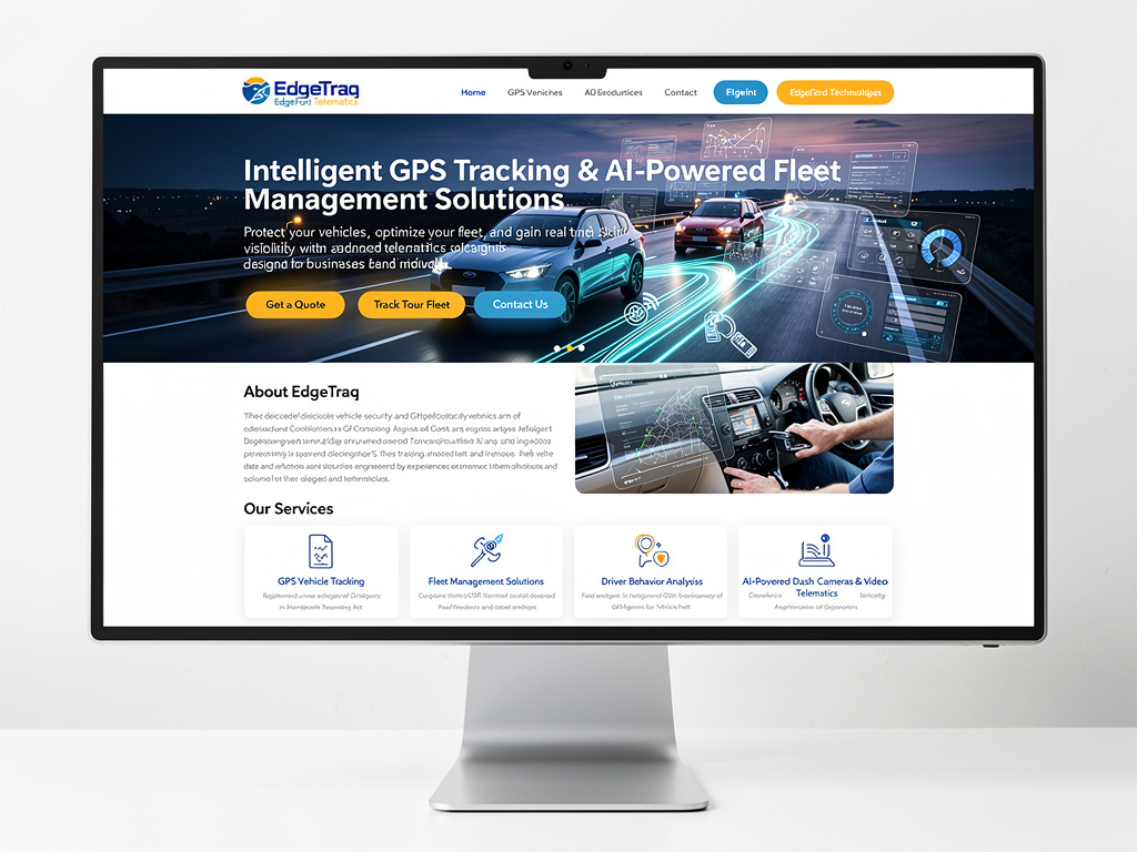 Desktop monitor displaying EdgeTrac GPS tracking and AI-powered fleet management solutions website