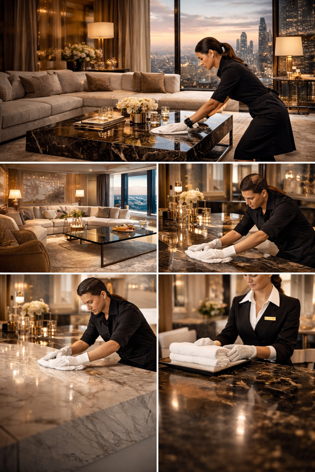 Moderner Empfangsbereich mit Schreibtisch, Computer, Pflanzen und Person im Anzug vor großem Fenster