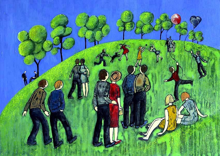 nostalgic painting of people in a park in the style of Lowry by Welsh artist Muriel Williams
