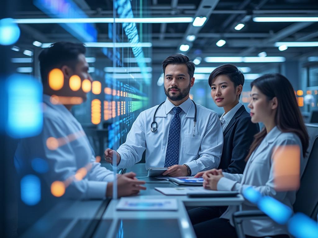 Echipă medicală discutând strategii în fața unei table interactive în cadrul unui birou modern.