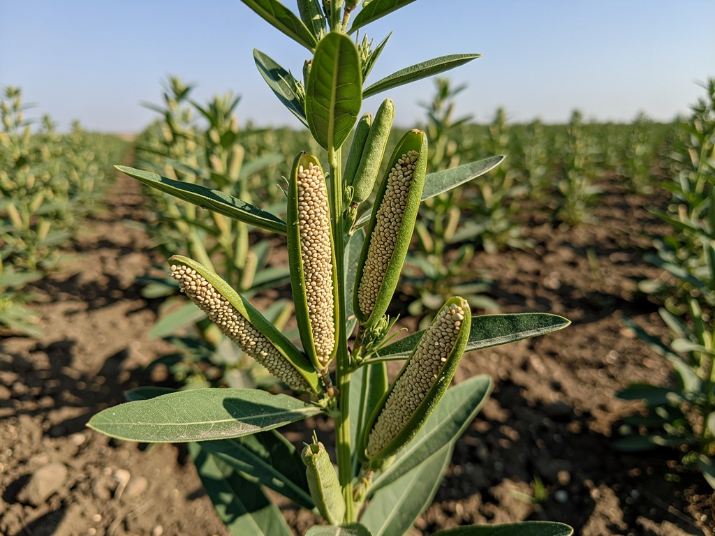 Close-up of sesame plant seed pods in a cultivated field