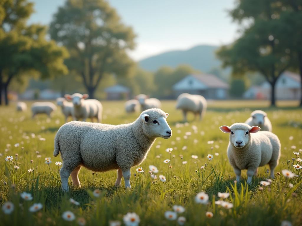 Oi păscând pe un câmp verde, înconjurate de flori de câmp, cu o fermă și copaci în fundal.