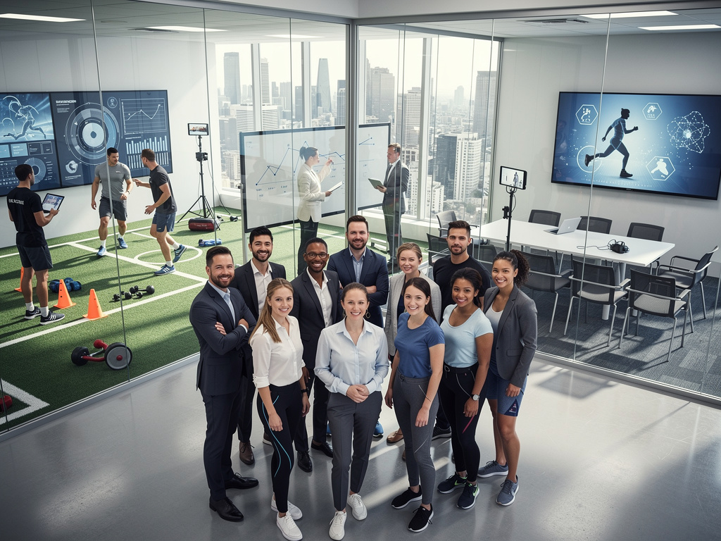 Equipe de profissionais de tecnologia esportiva em laboratório moderno com área de treino, análises em telas e vista urbana
Equipe de profissionais de tecnologia esportiva em laboratório moderno com área de treino, análises em telas e vista urbana