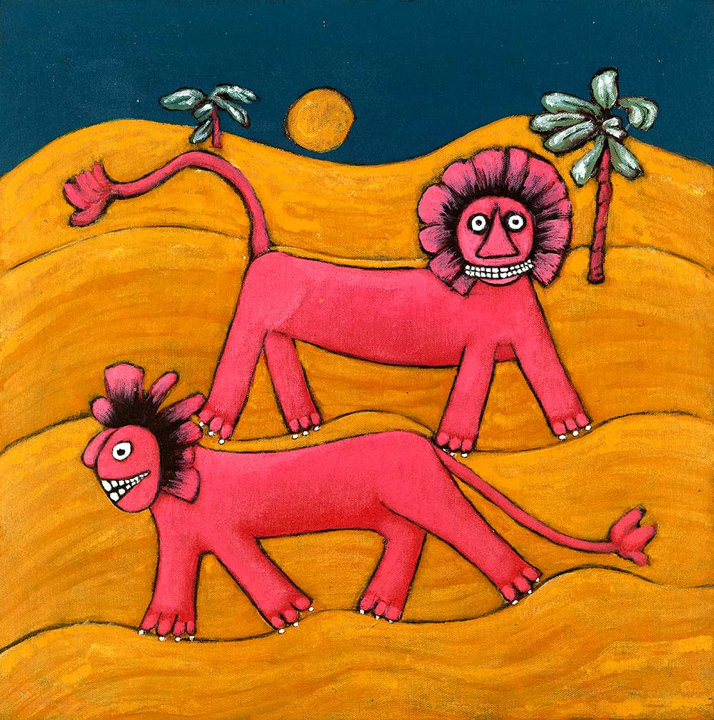 surreal painting of lions in a desert by Welsh artist Muriel Williams