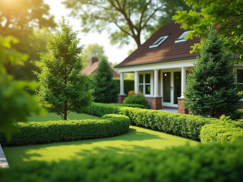 Gepflegter Garten mit grünen Hecken und Bäumen vor einem weißen Haus mit roten Dachziegeln.