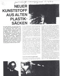 1976:  Neuer Kunststoff aus alten
          Plastiksäcken (LJ Zeitschr.) 