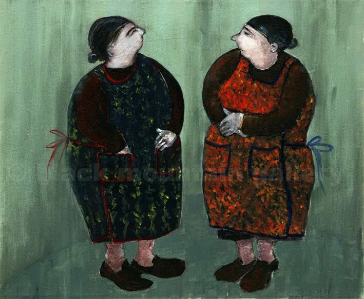 funny print of two ladies gossiping by Welsh artist Muriel Williams
