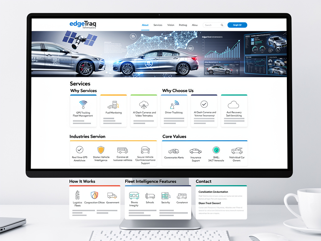 Fleet tracking and vehicle telematics services website displayed on desktop monitor with connected car analytics dashboard
