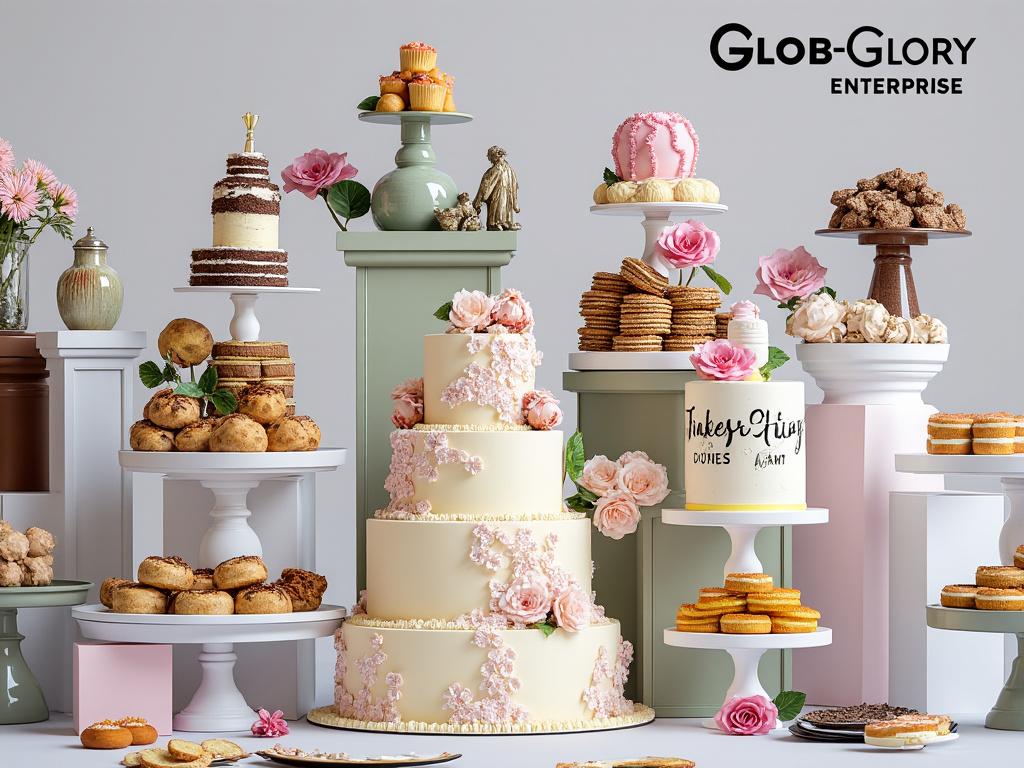 Elegant dessert display featuring a tiered wedding cake adorned with pink flowers, surrounded by assorted pastries, cupcakes, and cookies.