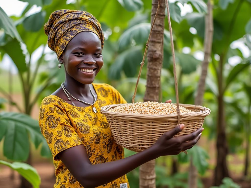 Smiling woman in yellow dress holding wicker basket of harvested beans in lush green field.