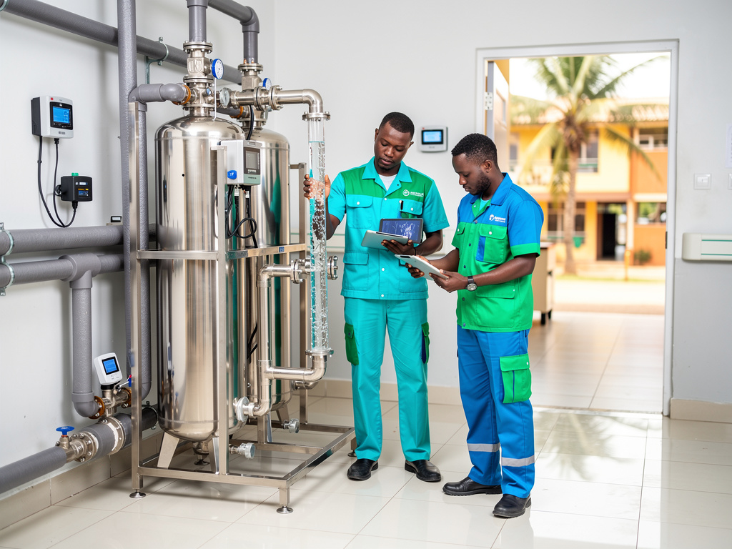 Technicians inspecting industrial water filtration system with stainless steel tanks, pipes, and digital monitoring equipment Technicians inspecting industrial water filtration system with stainless steel tanks, pipes, and digital monitoring equipment