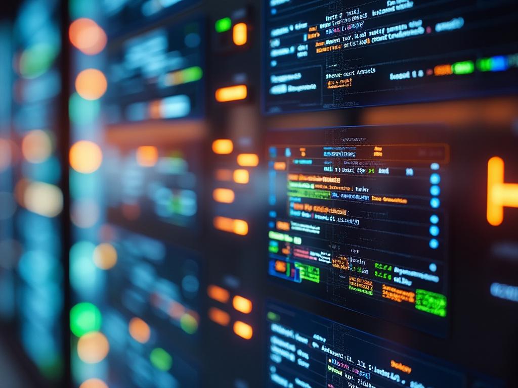 Close-up view of computer screens displaying colorful code and data visuals, highlighting programming and technology. Close-up view of computer screens displaying colorful code and data visuals, highlighting programming and technology.