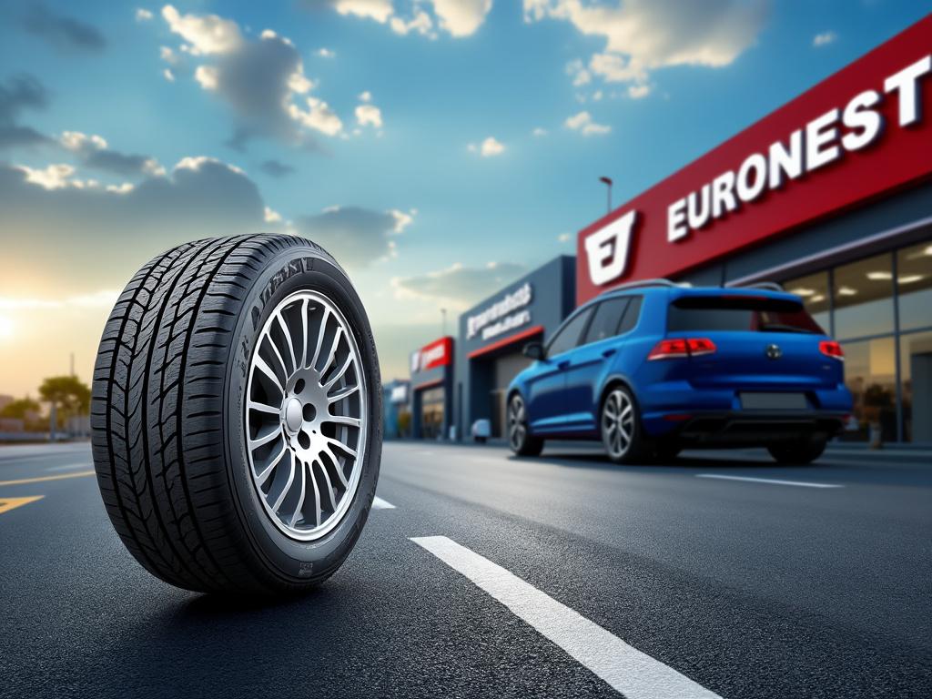 A radial tire standing on an empty road with a modern car dealership, featuring a red and white building and a blue car, under a partly cloudy sky.