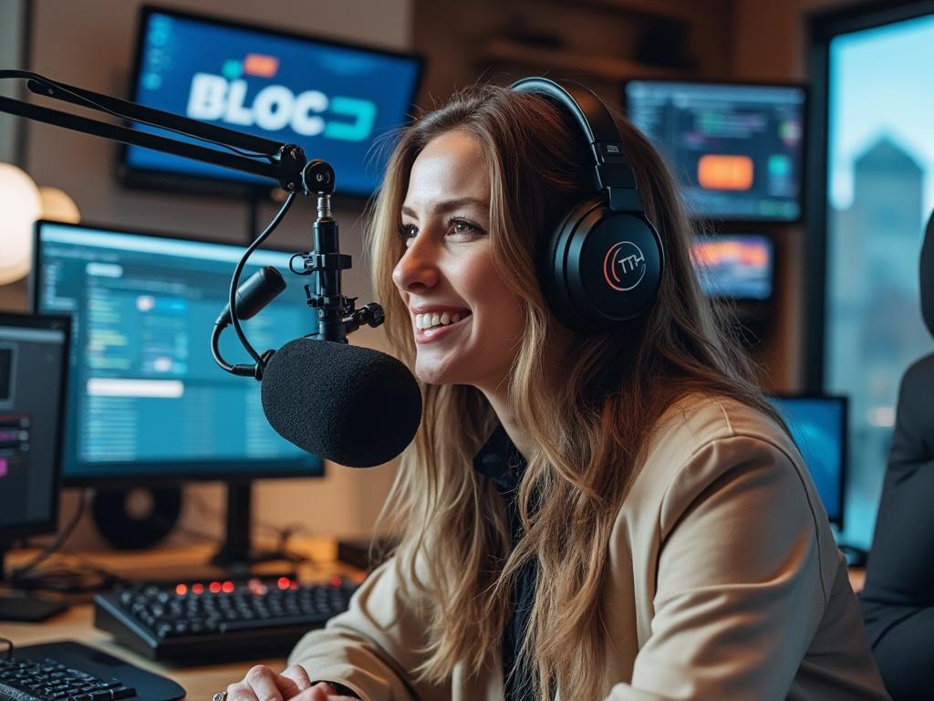 Woman with headphones speaking into a microphone in a podcast studio with multiple screens.