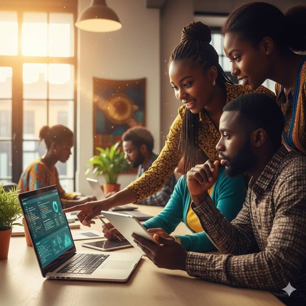 Two people interacting in a modern workspace with a Skills Bridge Hub sign, books, and a table setup.