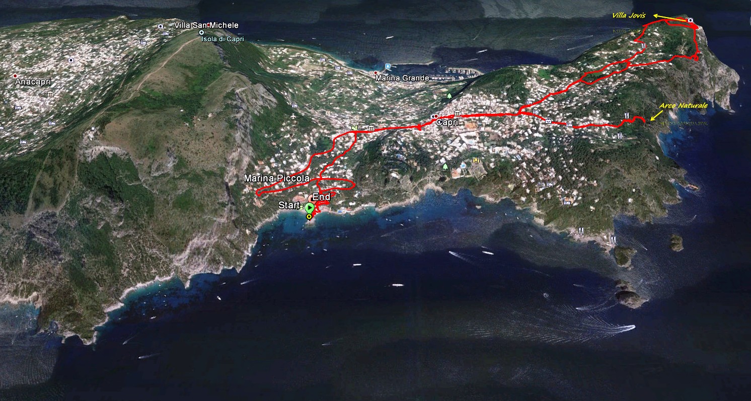 Unsere Wanderroute auf Capri. In Capri Stadt beginnt unsere Wanderung zur Villa Jovis.
Abstieg auf der Nordseite zurück in die Stadt und anschließend abwärts zum Arco Naturale