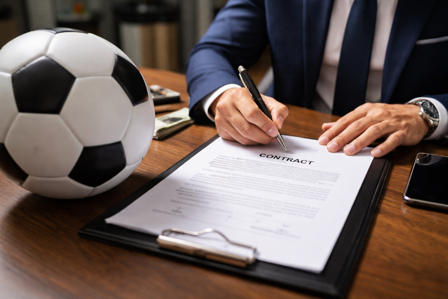 Businessman in a suit signing a contract at a desk with a soccer ball and smartphone.