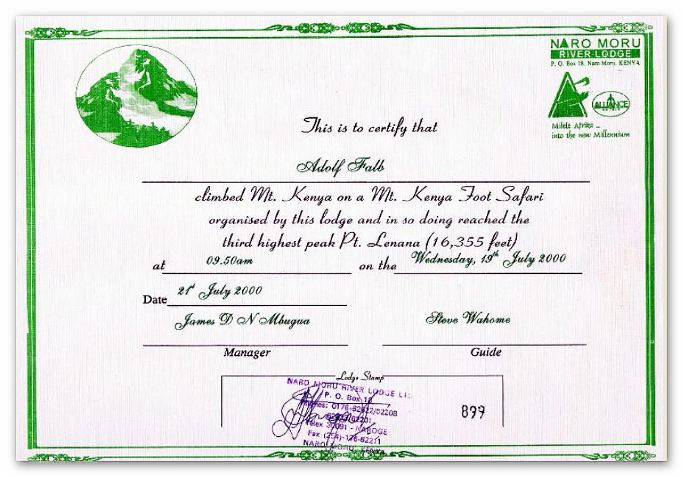 Mount Kenya Zertifikat