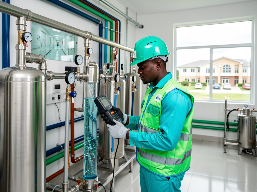 Technician in safety gear inspecting water treatment equipment and pressure gauges in industrial facility

