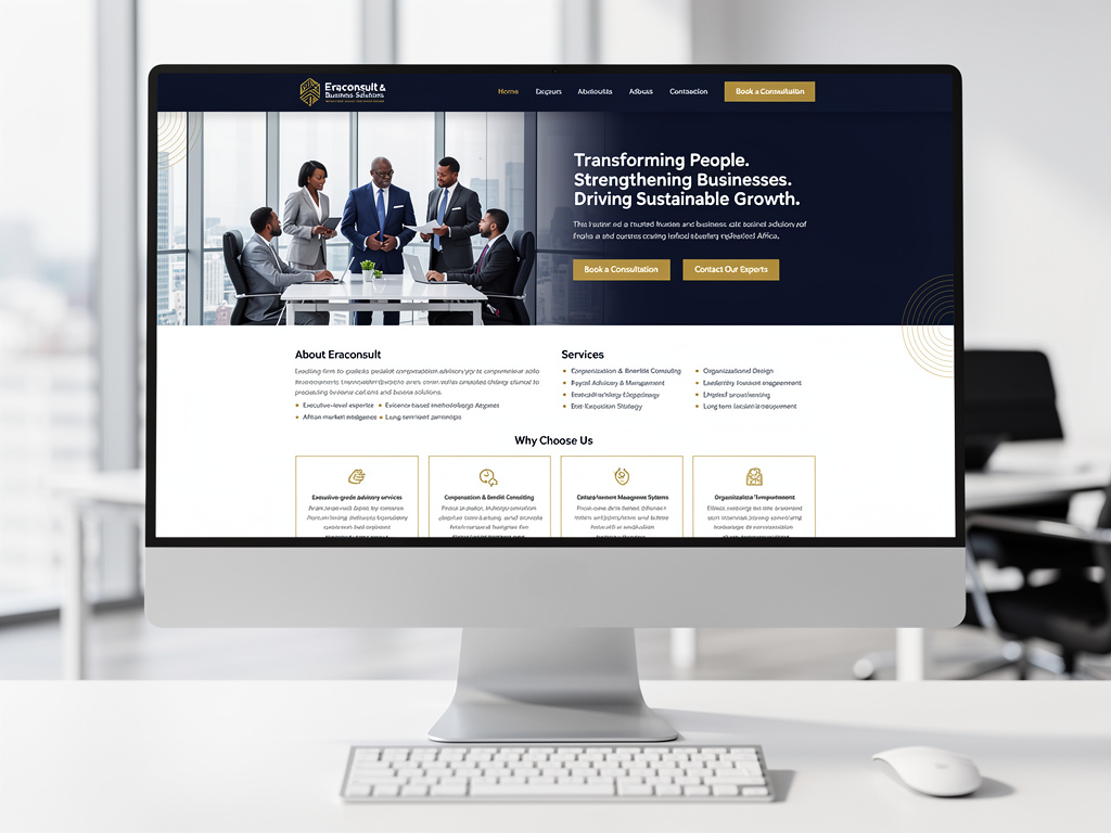 Corporate consulting website homepage displayed on desktop monitor in modern office