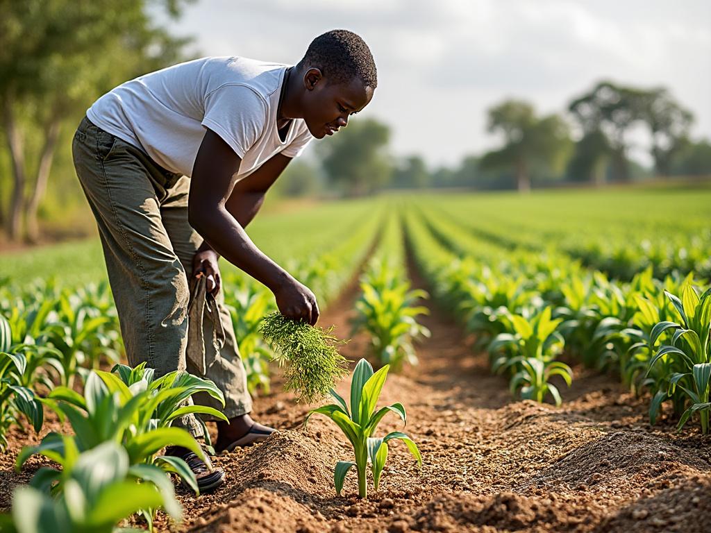 Farmer tending to young crops in an expansive green field under a cloudy sky.
