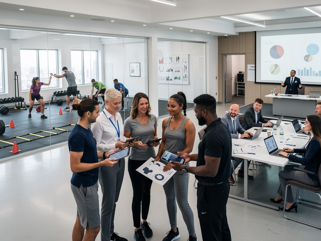 Profissionais de fitness e executivos em centro moderno discutem dados de treino, com academia e reunião corporativa ao fundo