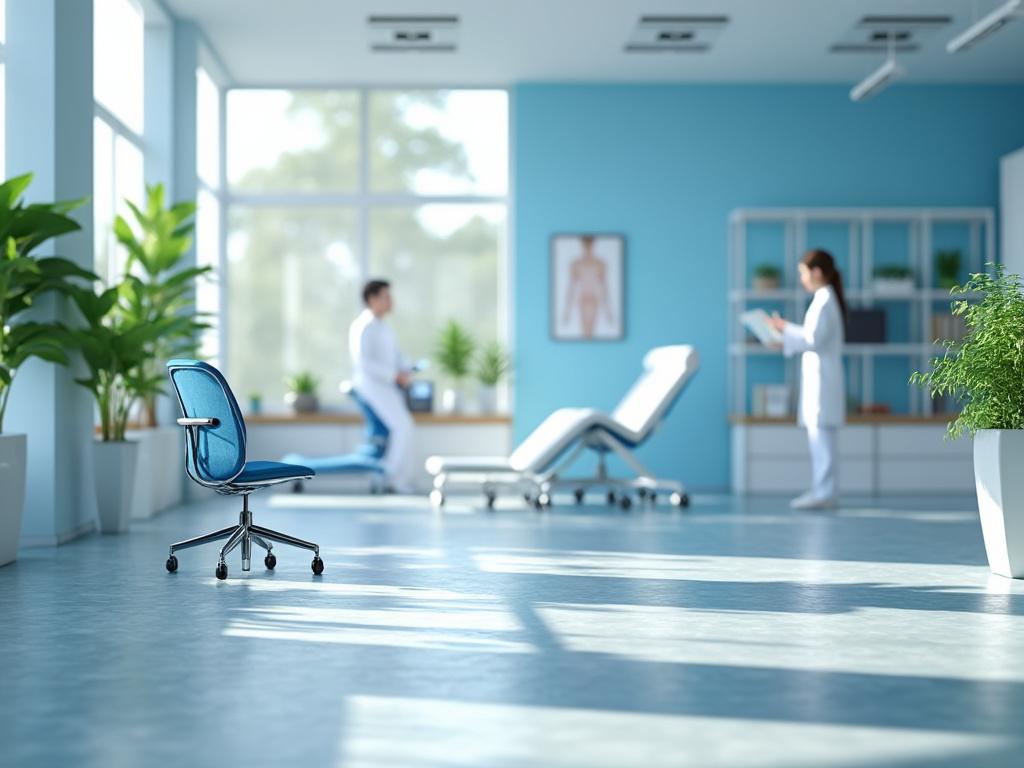 Clínica médica moderna com cadeiras azuis, plantas verdes e profissionais de saúde ao fundo. Clínica médica moderna com cadeiras azuis, plantas verdes e profissionais de saúde ao fundo.