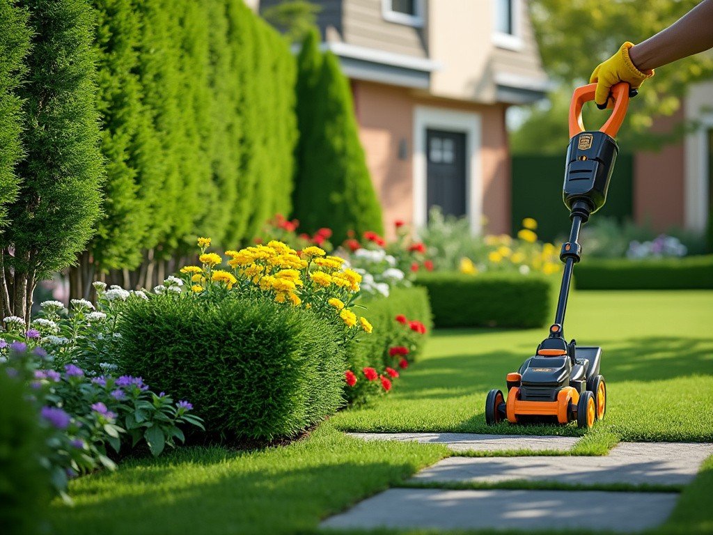 Rasenmäher auf gepflegtem Rasen zwischen bunten Blumen und Hecken, im Hintergrund ein Haus.