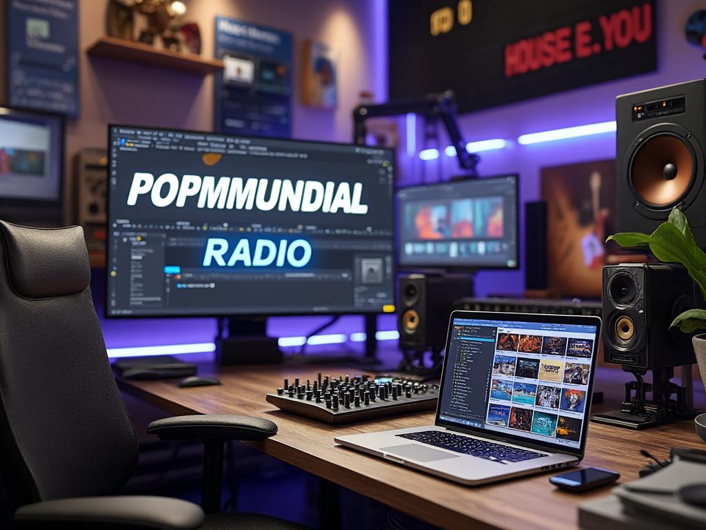 Modern radio studio setup with computer screens displaying audio editing software, speakers, and a mixing console on a wooden desk.
