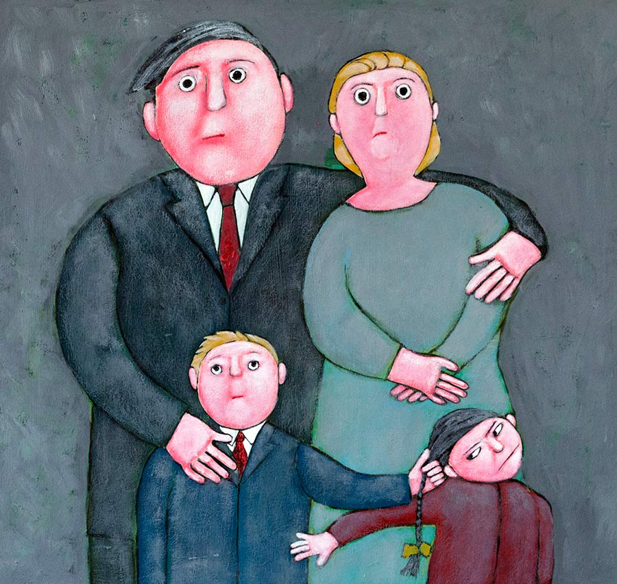 funny painting of a dysfunctional family by Welsh artist Muriel Williams