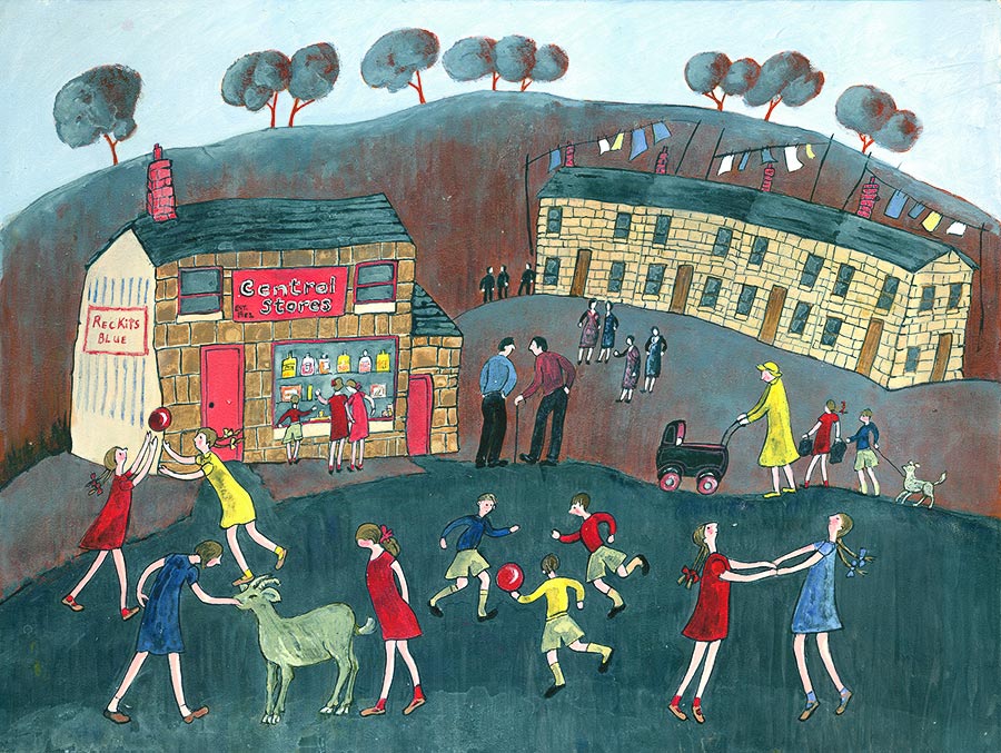 Nostalgic painting print of old fashioned village life in the Northern or Lowry style by Welsh artist Muriel Williams