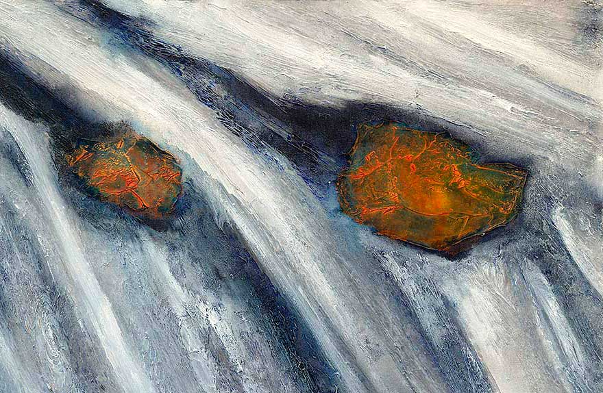 abstract painting of water flowing over rocks in a river by contemporary British artist Mark Lloyd Williams