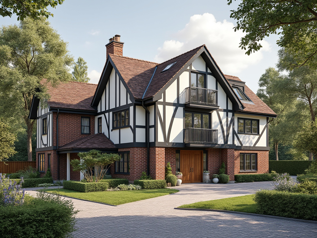 Large modern Tudor-style house with brick and timber facade, surrounded by landscaped garden and trees on a sunny day.
Large modern Tudor-style house with brick and timber facade, surrounded by landscaped garden and trees on a sunny day.