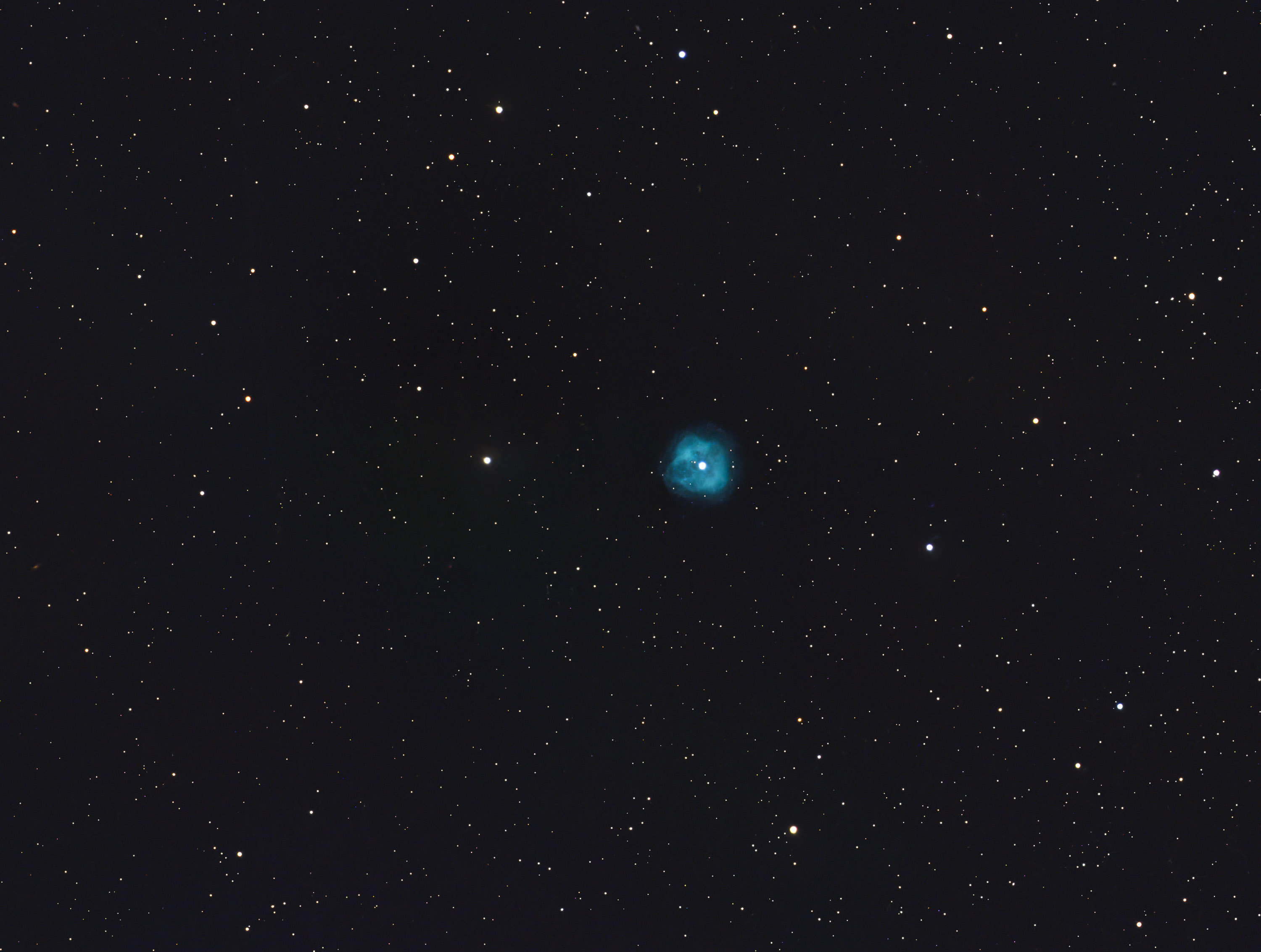NGC 1514 in Taurus, Crystal Ball Nebula
Nikon D7500a, Nikon 600mm f/4 and 2x TC
(1800 mm f/8), 1 h (5' subframes) at ISO 1600
9th of March 2025