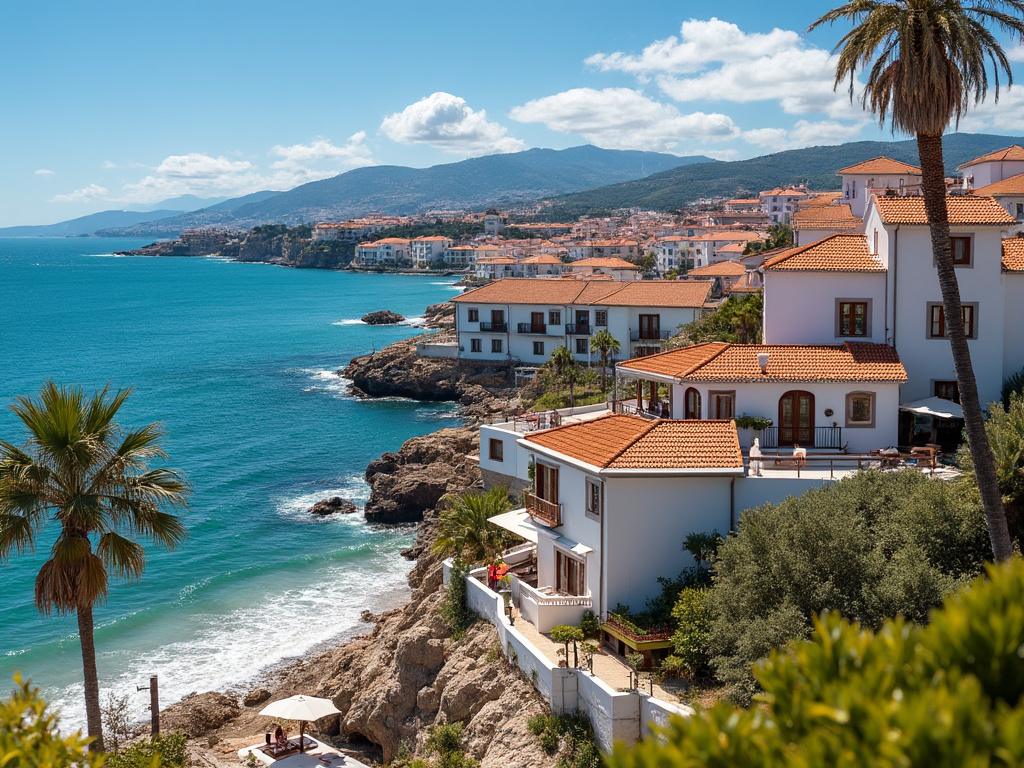 Vista costeira mediterrânea com casas de telhado vermelho, mar azul e vegetação exuberante ao redor.