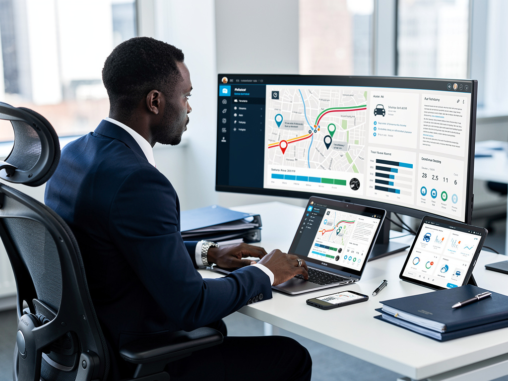 Fleet tracking technology website displayed on desktop monitor with connected cars, GPS maps, telematics dashboards, and vehicle management features
