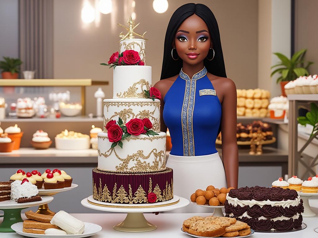 Elegant woman in a blue dress stands beside a multi-tiered white and burgundy cake adorned with red roses in a bakery with various desserts.