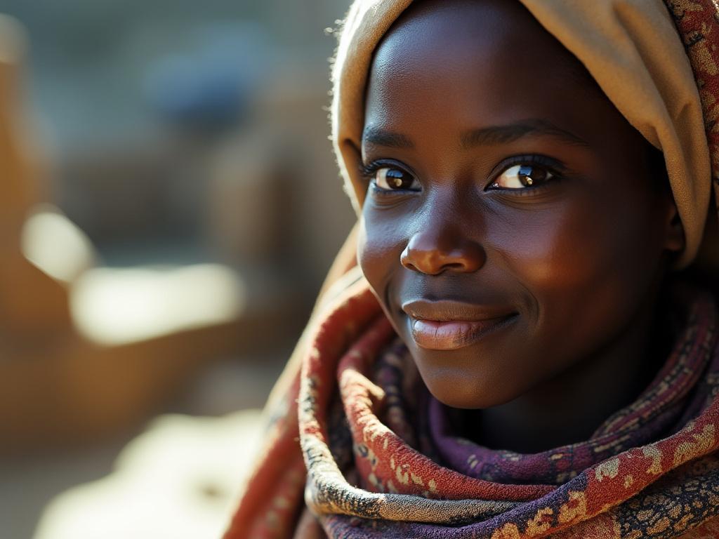 Smiling person with a headscarf in soft lighting