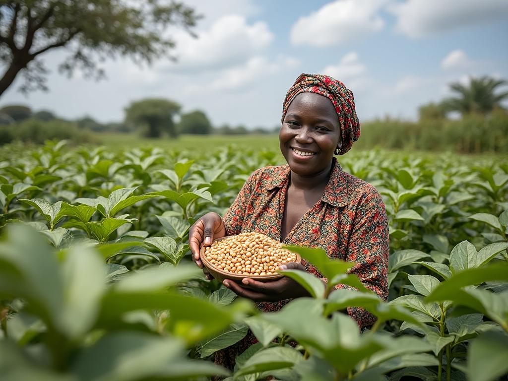Smiling woman in a field holding a bowl of beans, surrounded by lush green plants under a blue sky.