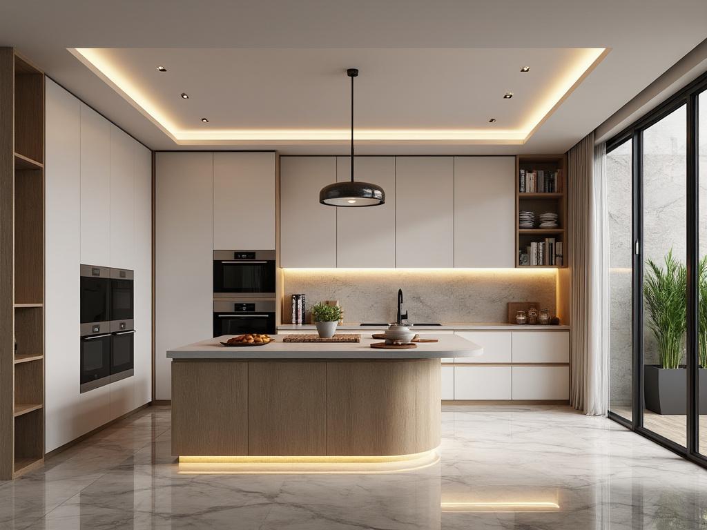 Modern kitchen interior with sleek white cabinets, marble flooring, central island, built-in appliances, large windows, and ambient lighting.