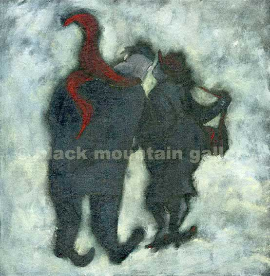 nostalgic abstract painting of an elderly couple walking together by Welsh artist Muriel Wiliams