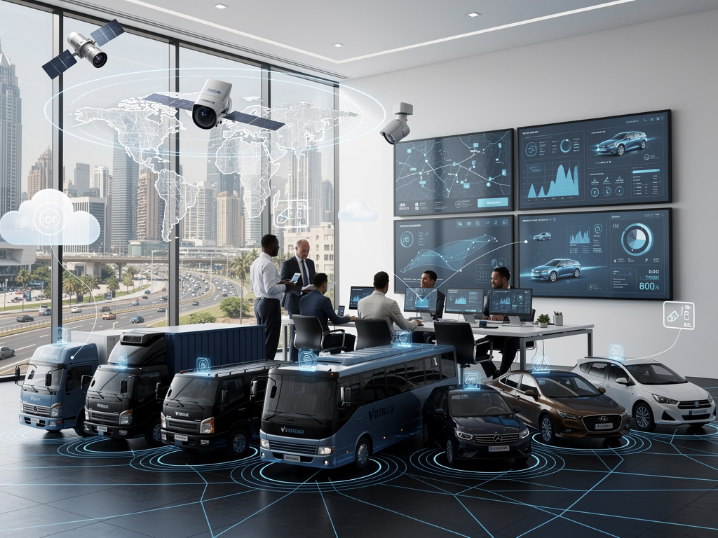 Smart fleet management control room with connected vehicles, satellite tracking, city skyline, and real-time analytics dashboards