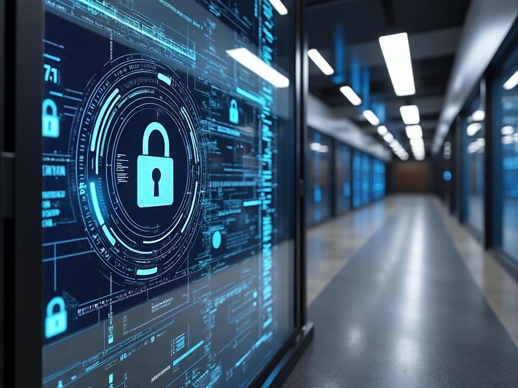 Futuristic data center hallway with digital security padlock icon and blue interface on large screen.