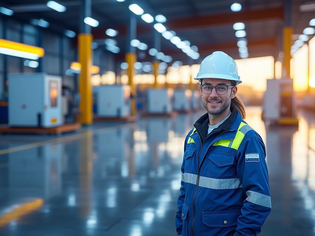 Ingénieur portant un casque blanc dans une usine moderne éclairée, avec des machines industrielles en arrière-plan au coucher du soleil.